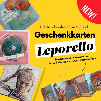 Geschenkkarten Leporello im 3er Set: Lebensfreude, Mutausbruch und Wellfeeling. 12-seitige Falbtbücher, bedruckt mit Einlegekarte und weißem Umschlag zum Verschenken und Selberbehalten.